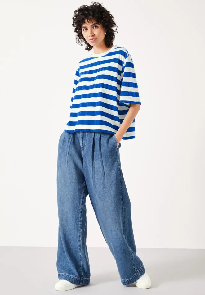 Hush Tops and Tshirts Women Striped Boxy TShirt Blue White Hush Tops and Tshirts Women Striped Boxy TShirt Blue White