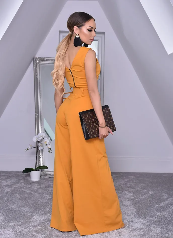 Imogen Mustard Crop Top And Belted Palazzo CoOrd Set Women Missfiga CoOrds