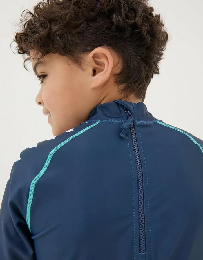 Kids FatFace Swimwear Shark Long Sleeve Rash Vest Navy