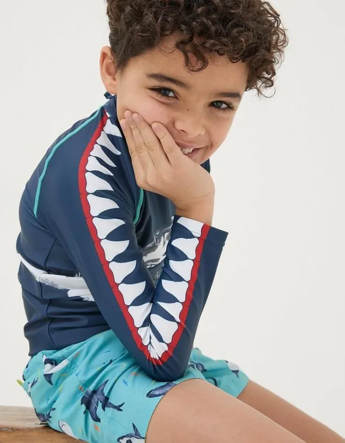 Kids FatFace Swimwear Shark Long Sleeve Rash Vest Navy