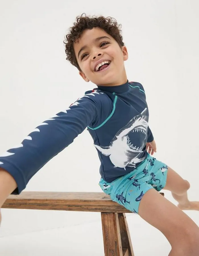 Kids FatFace Swimwear Shark Long Sleeve Rash Vest Navy