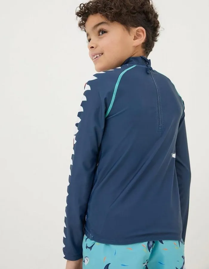 Kids FatFace Swimwear Shark Long Sleeve Rash Vest Navy