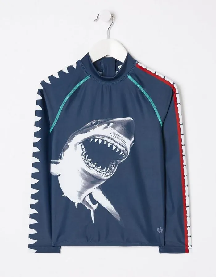 Kids FatFace Swimwear Shark Long Sleeve Rash Vest Navy