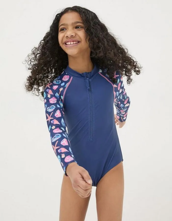 Kids FatFace Swimwear Shell Print Long Sleeve Swimsuit Navy