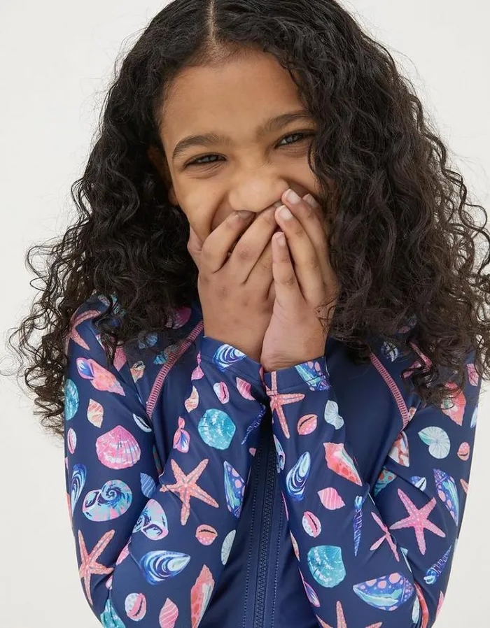 Kids FatFace Swimwear Shell Print Long Sleeve Swimsuit Navy