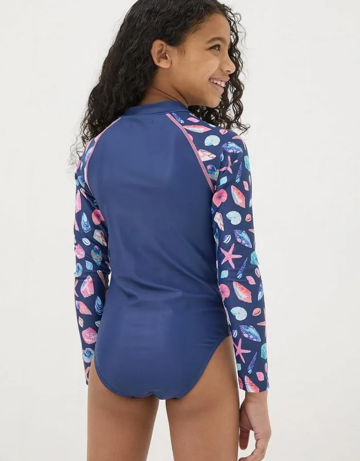 Kids FatFace Swimwear Shell Print Long Sleeve Swimsuit Navy