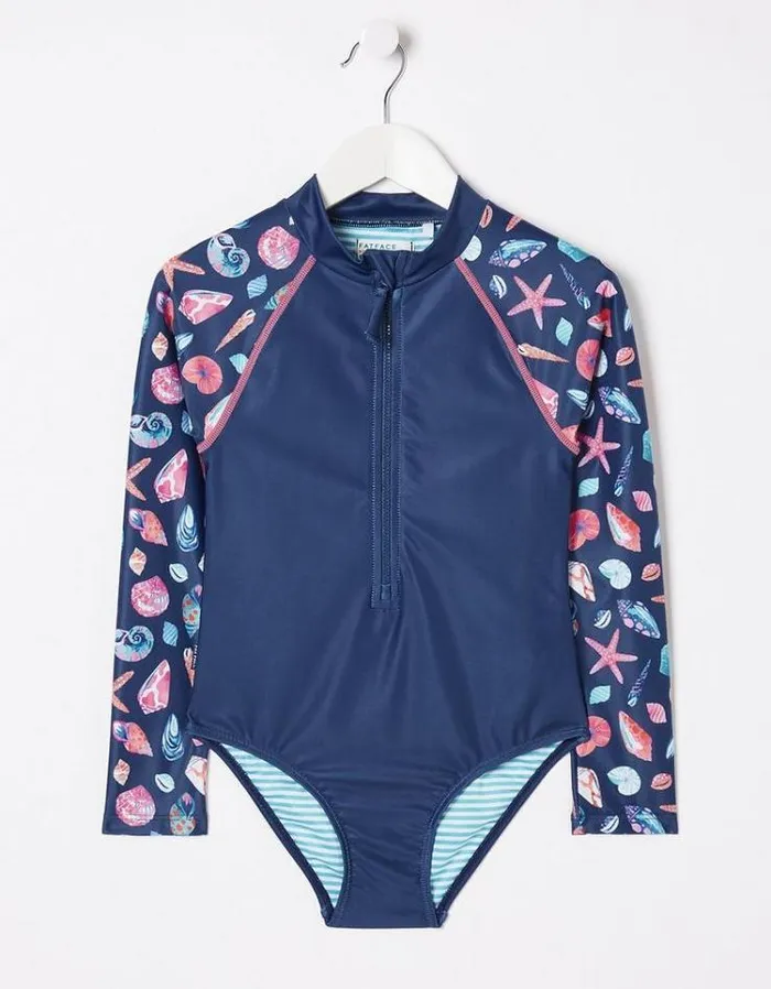 Kids FatFace Swimwear Shell Print Long Sleeve Swimsuit Navy