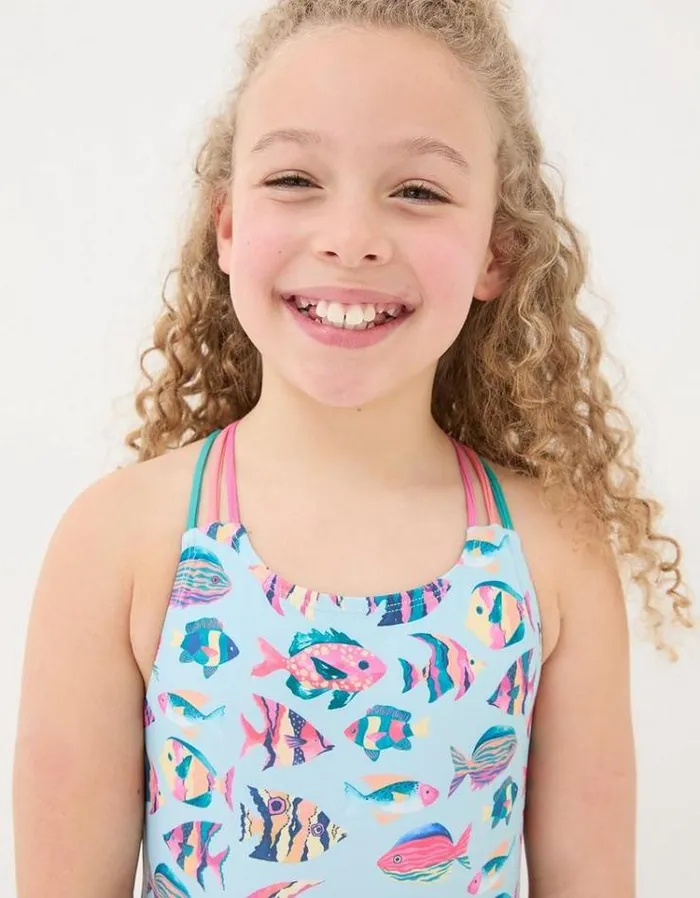Kids FatFace Swimwear Tropical Fish Swimsuit Washed Blue