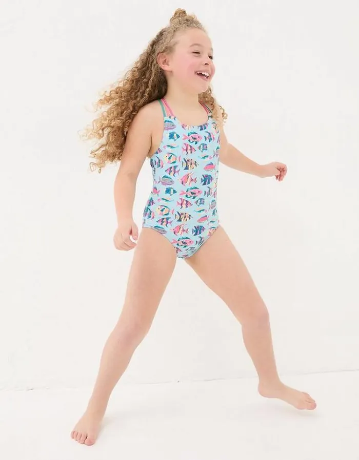 Kids FatFace Swimwear Tropical Fish Swimsuit Washed Blue