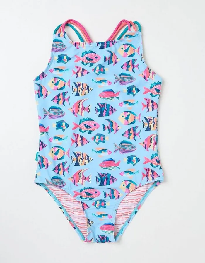 Kids FatFace Swimwear Tropical Fish Swimsuit Washed Blue