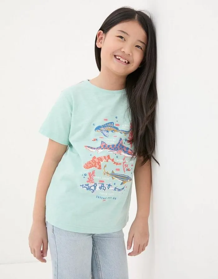 Kids FatFace Tops and TShirts Shark Species T Shirt Mint Green