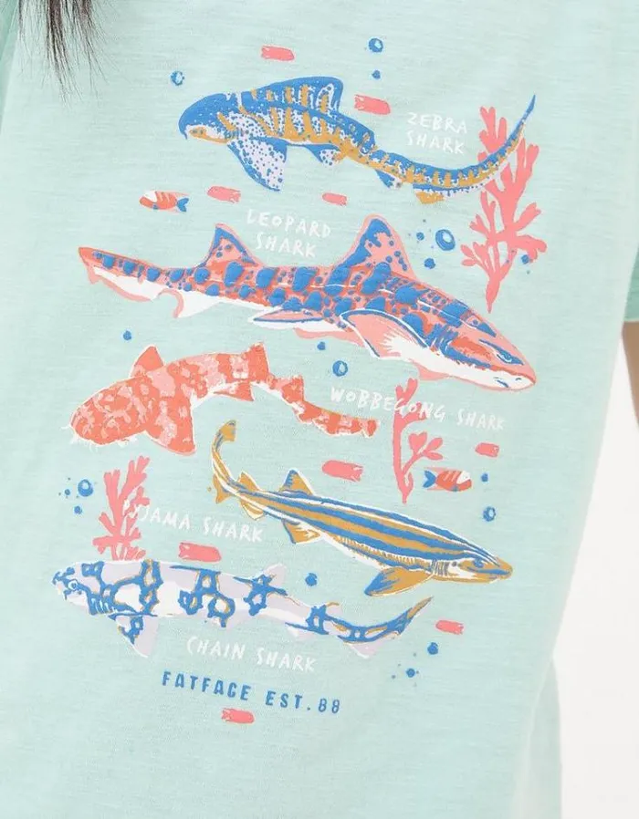 Kids FatFace Tops and TShirts Shark Species T Shirt Mint Green