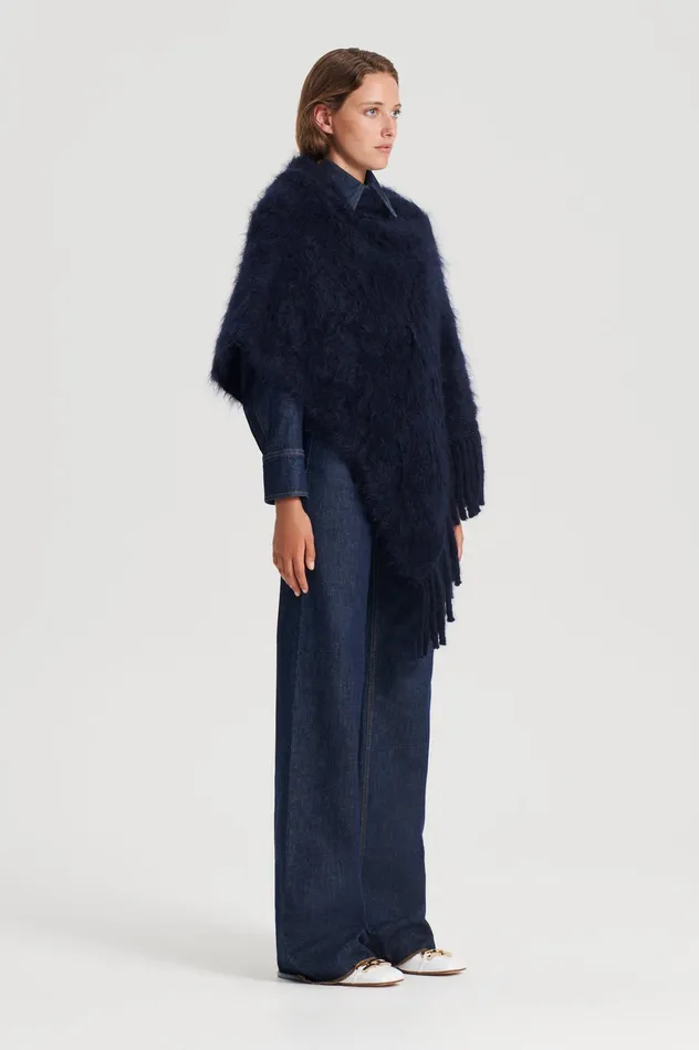 Knitwear Scanlan Theodore Women BRUSHED FRINGED CAPE NAVY Knitwear Scanlan Theodore Women BRUSHED FRINGED CAPE NAVY
