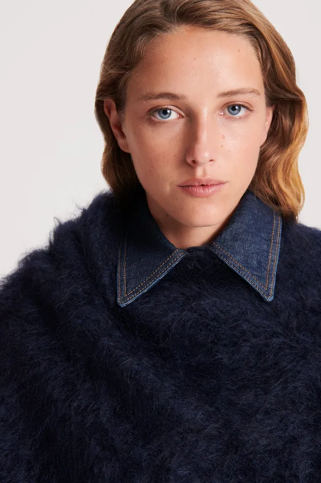 Knitwear Scanlan Theodore Women BRUSHED FRINGED CAPE NAVY Knitwear Scanlan Theodore Women BRUSHED FRINGED CAPE NAVY
