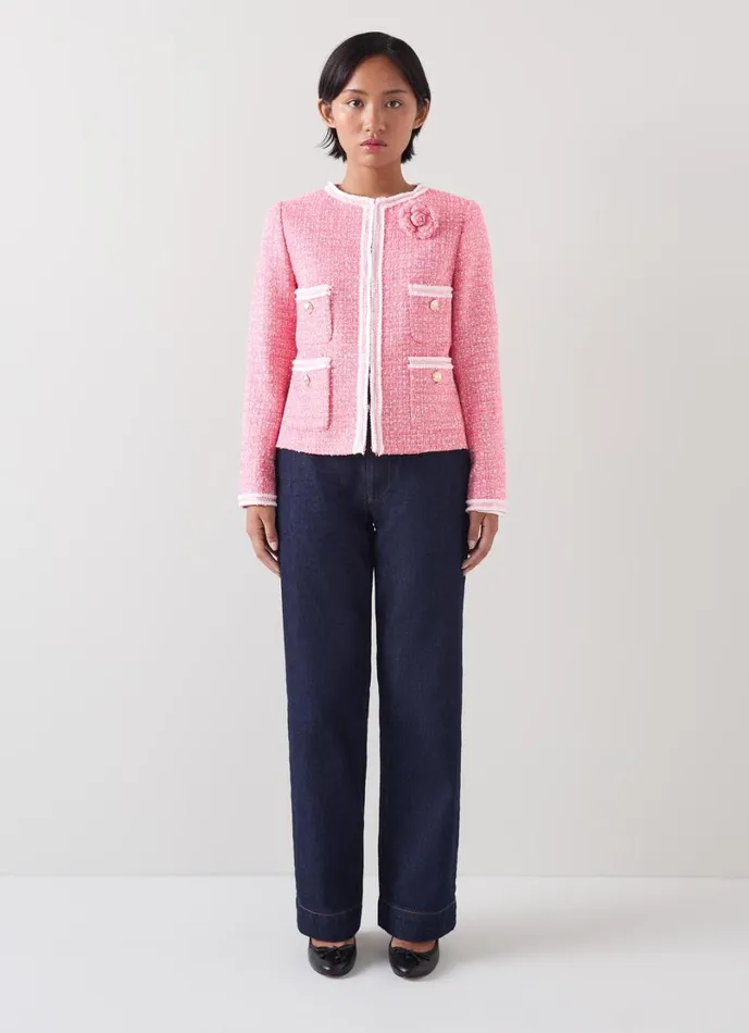 LKBennett Coats and Jackets Women Charlie Petite Pink and Ivory Recycled Cotton Tweed Jacket