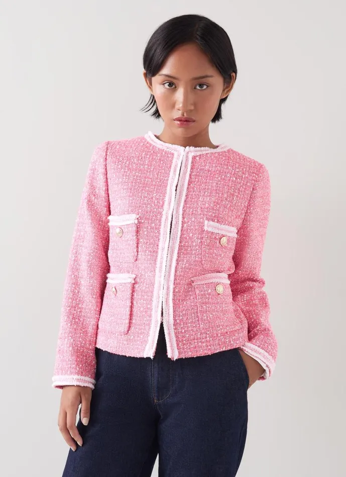 LKBennett Coats and Jackets Women Charlie Petite Pink and Ivory Recycled Cotton Tweed Jacket