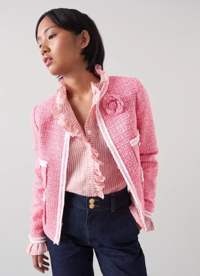 LKBennett Coats and Jackets Women Charlie Petite Pink and Ivory Recycled Cotton Tweed Jacket