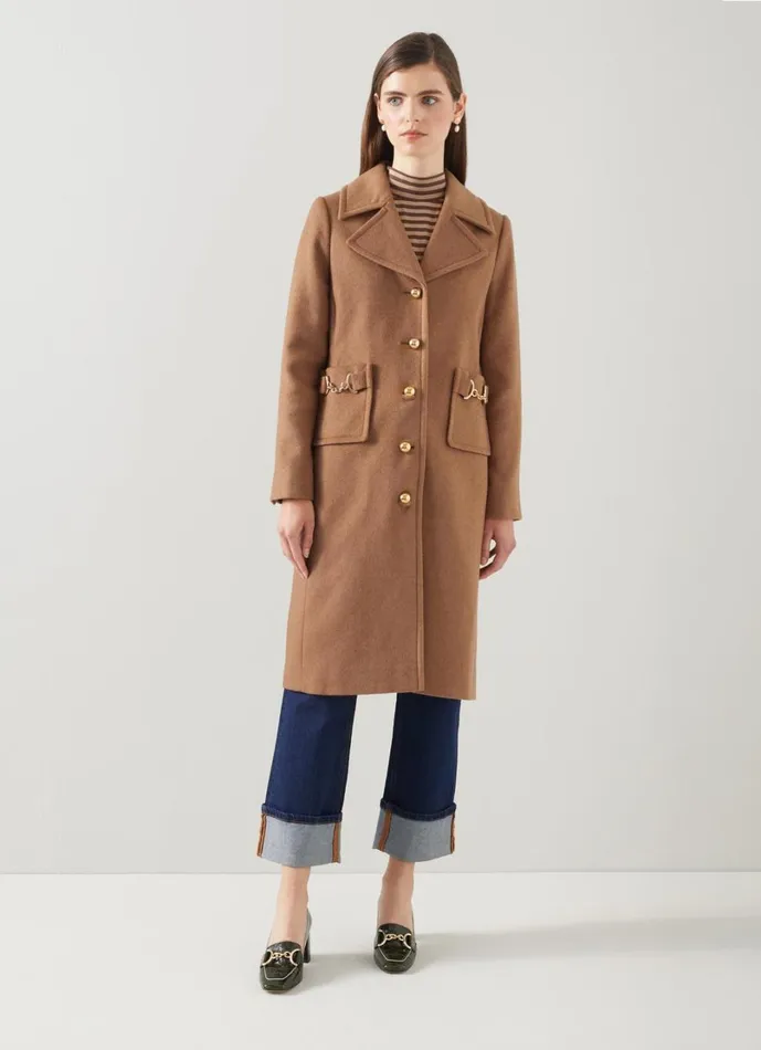 LKBennett Coats and Jackets Women Spencer Camel Italian Recycled WoolBlend Snaffle Detail Coat