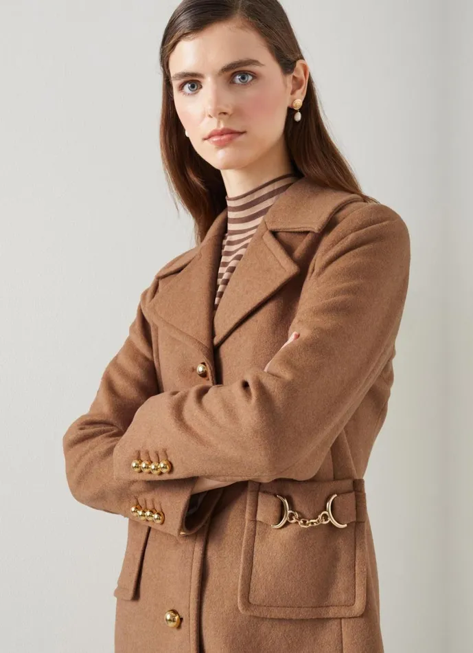 LKBennett Coats and Jackets Women Spencer Camel Italian Recycled WoolBlend Snaffle Detail Coat