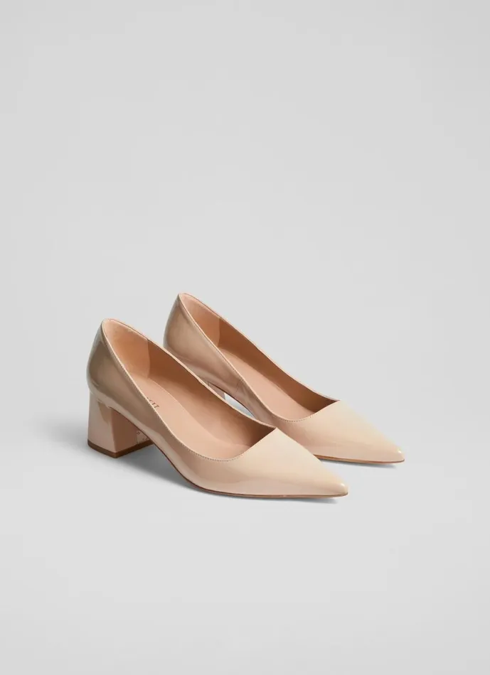 LKBennett Court Shoes Women Sloane Beige Patent Leather Block Heel Courts