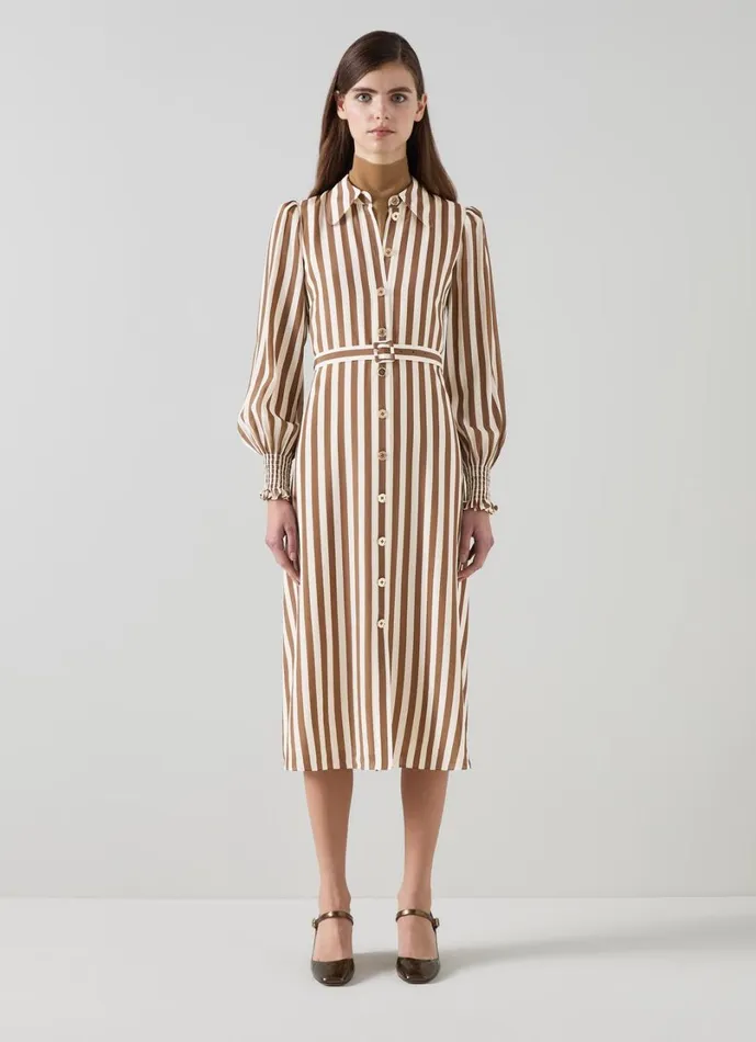 LKBennett Dresses Women Emelia Chocolate and Birch Candy Stripe Shirt Dress