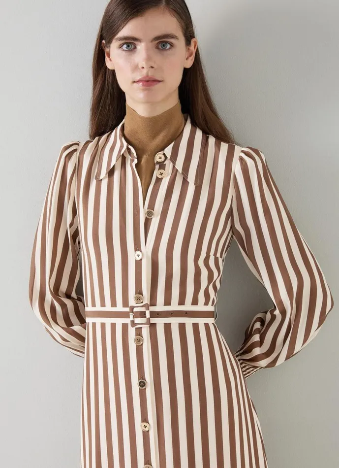 LKBennett Dresses Women Emelia Chocolate and Birch Candy Stripe Shirt Dress