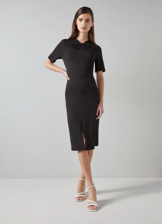 LKBennett Dresses Women Lila Black Tuck LENZING ECOVERO Viscose Front Short Sleeve Dress