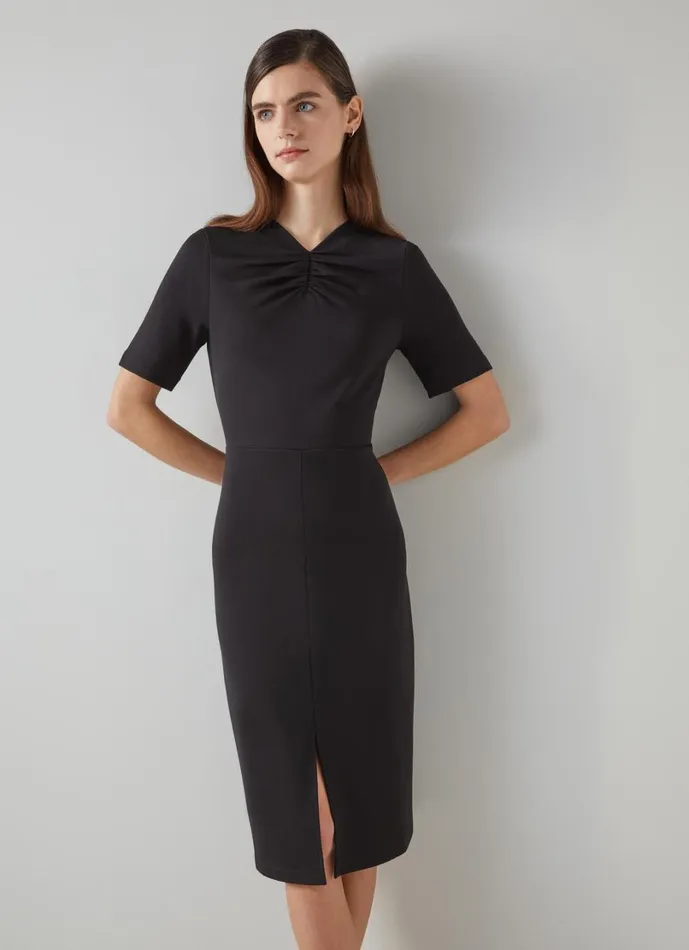 LKBennett Dresses Women Lila Black Tuck LENZING ECOVERO Viscose Front Short Sleeve Dress LKBennett Dresses Women Lila Black Tuck LENZING ECOVERO Viscose Front Short Sleeve Dress