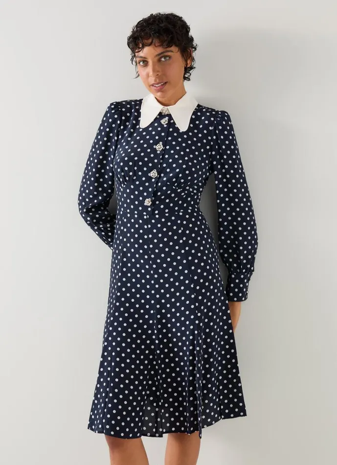 LKBennett Dresses Women Mathilde Navy and Cream Polka Dot Silk Tea Dress LKBennett Dresses Women Mathilde Navy and Cream Polka Dot Silk Tea Dress