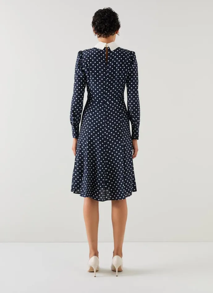 LKBennett Dresses Women Mathilde Navy and Cream Polka Dot Silk Tea Dress LKBennett Dresses Women Mathilde Navy and Cream Polka Dot Silk Tea Dress