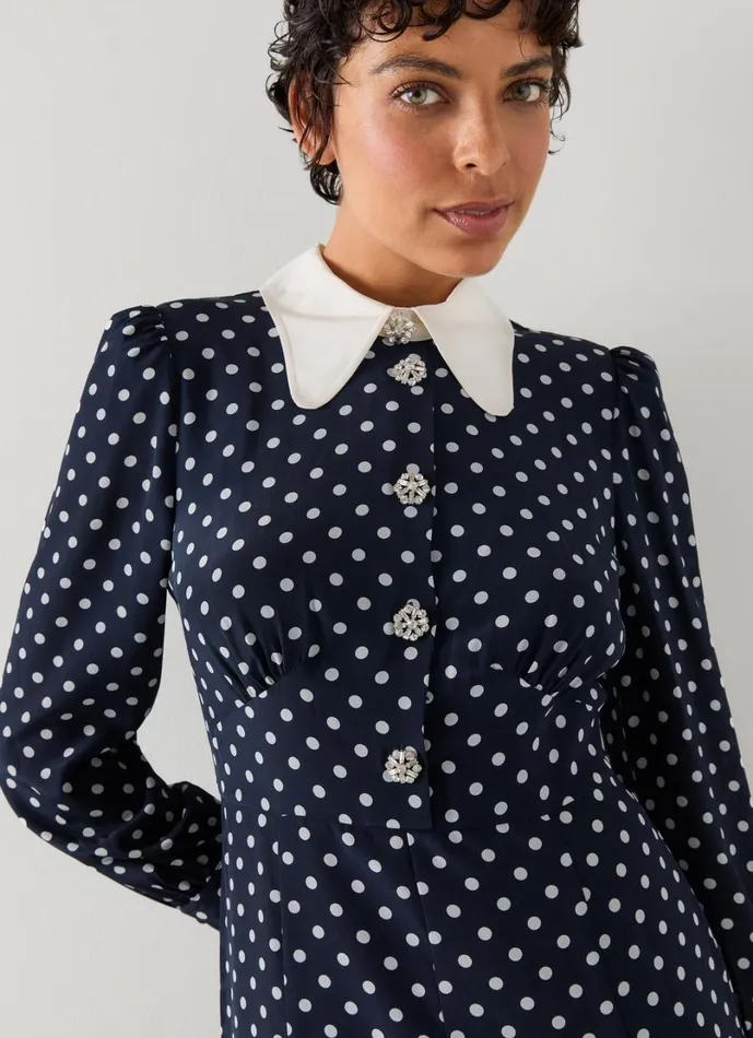 LKBennett Dresses Women Mathilde Navy and Cream Polka Dot Silk Tea Dress LKBennett Dresses Women Mathilde Navy and Cream Polka Dot Silk Tea Dress