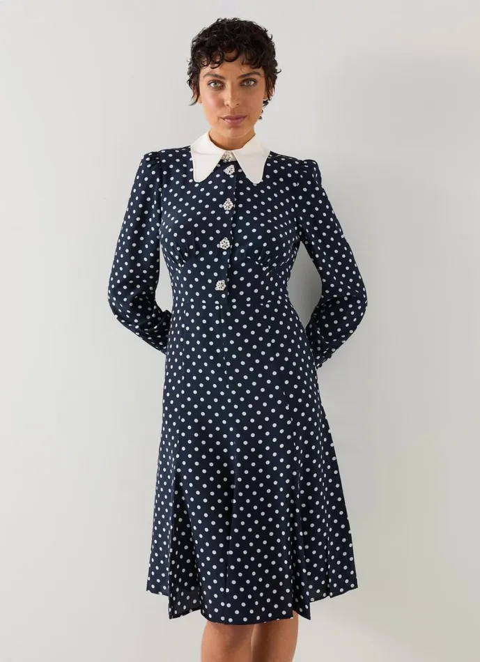 LKBennett Dresses Women Mathilde Navy and Cream Polka Dot Silk Tea Dress LKBennett Dresses Women Mathilde Navy and Cream Polka Dot Silk Tea Dress