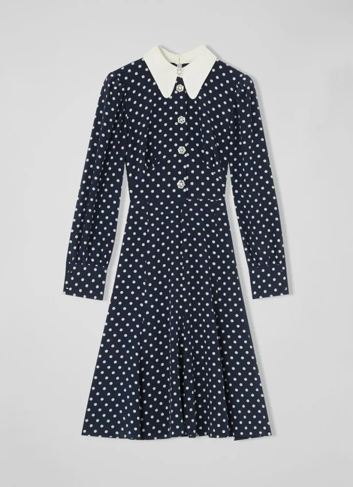 LKBennett Dresses Women Mathilde Navy and Cream Polka Dot Silk Tea Dress LKBennett Dresses Women Mathilde Navy and Cream Polka Dot Silk Tea Dress