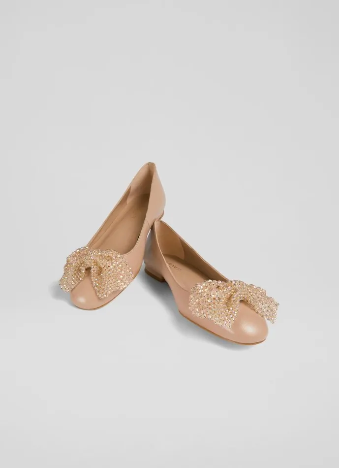LKBennett Flats Women Christa Beige Leather Sparkle Bow Flats LKBennett Flats Women Christa Beige Leather Sparkle Bow Flats