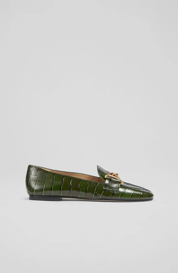 LKBennett Flats Women Daphne Green CrocEffect Leather Loafers