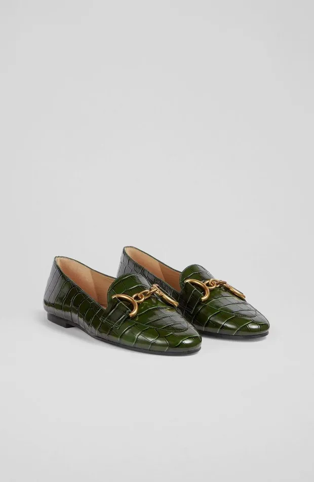 LKBennett Flats Women Daphne Green CrocEffect Leather Loafers LKBennett Flats Women Daphne Green CrocEffect Leather Loafers
