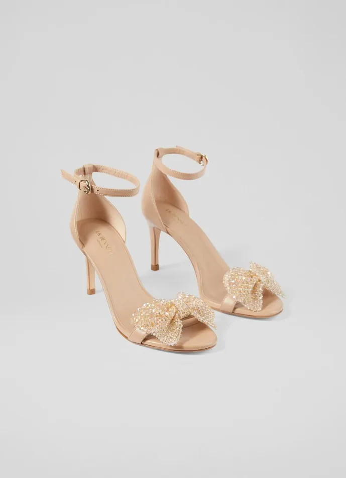 LKBennett Sandals Women Cristabel Beige Leather Sparkle Bow Sandals