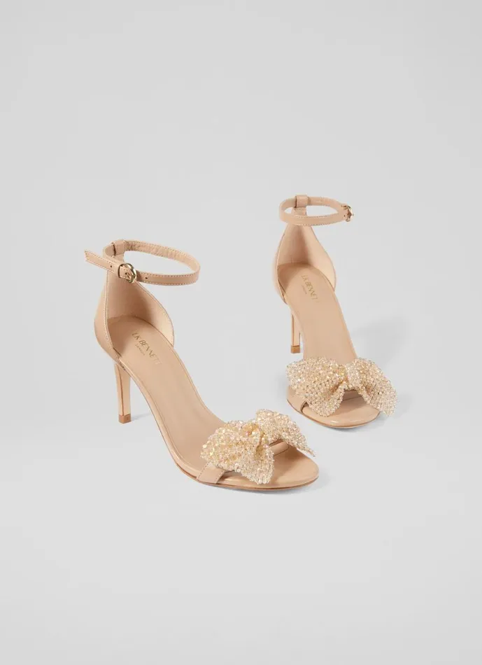 LKBennett Sandals Women Cristabel Beige Leather Sparkle Bow Sandals