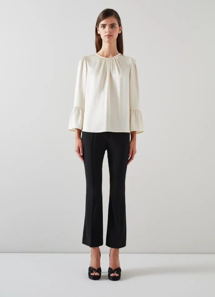 LKBennett Tops Women Agnes Birch Satin Top With Frill Cuff LKBennett Tops Women Agnes Birch Satin Top With Frill Cuff