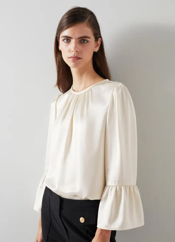 LKBennett Tops Women Agnes Birch Satin Top With Frill Cuff LKBennett Tops Women Agnes Birch Satin Top With Frill Cuff