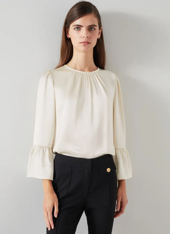 LKBennett Tops Women Agnes Birch Satin Top With Frill Cuff LKBennett Tops Women Agnes Birch Satin Top With Frill Cuff