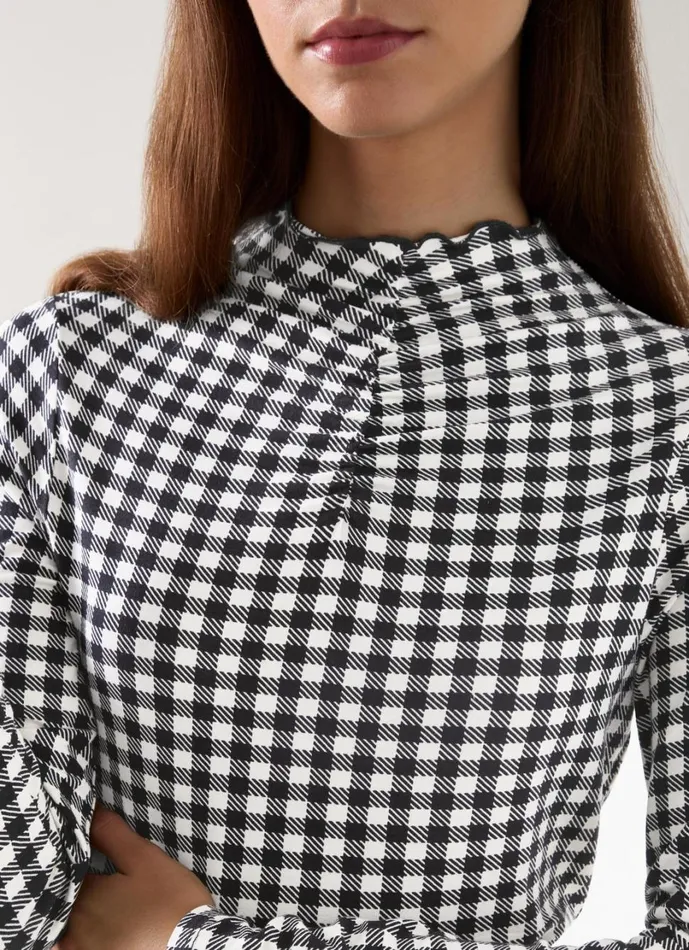LKBennett Tops Women Laurie Black and Cream Gingham ECOVERO Print Top
