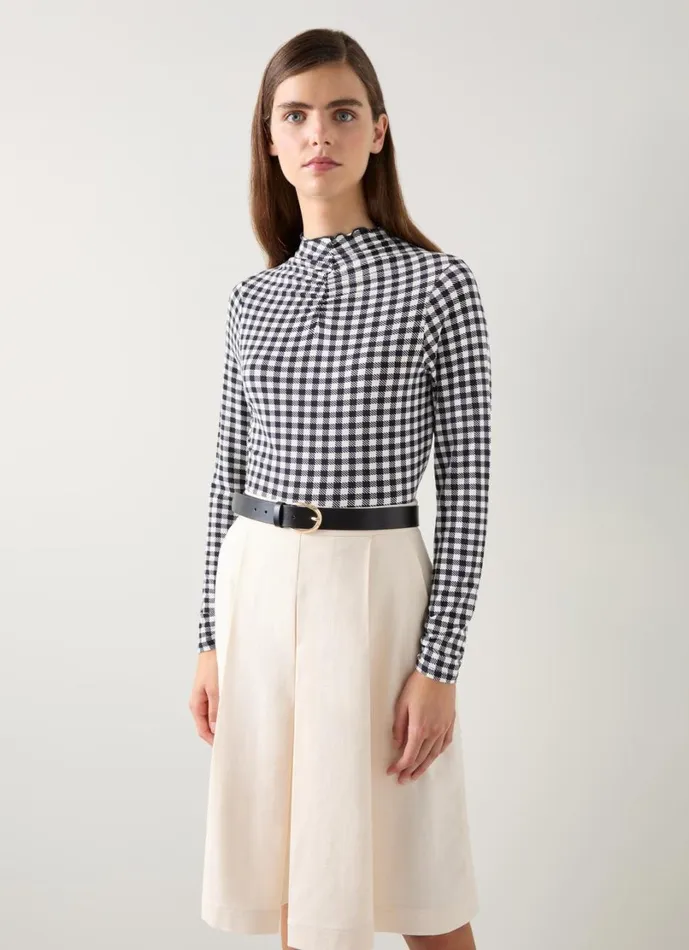 LKBennett Tops Women Laurie Black and Cream Gingham ECOVERO Print Top