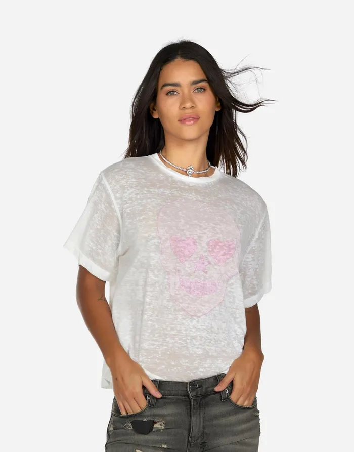 Linnea Pink Peace Love Skull White Burnout Women039s Lauren Moshi Short Sleeve