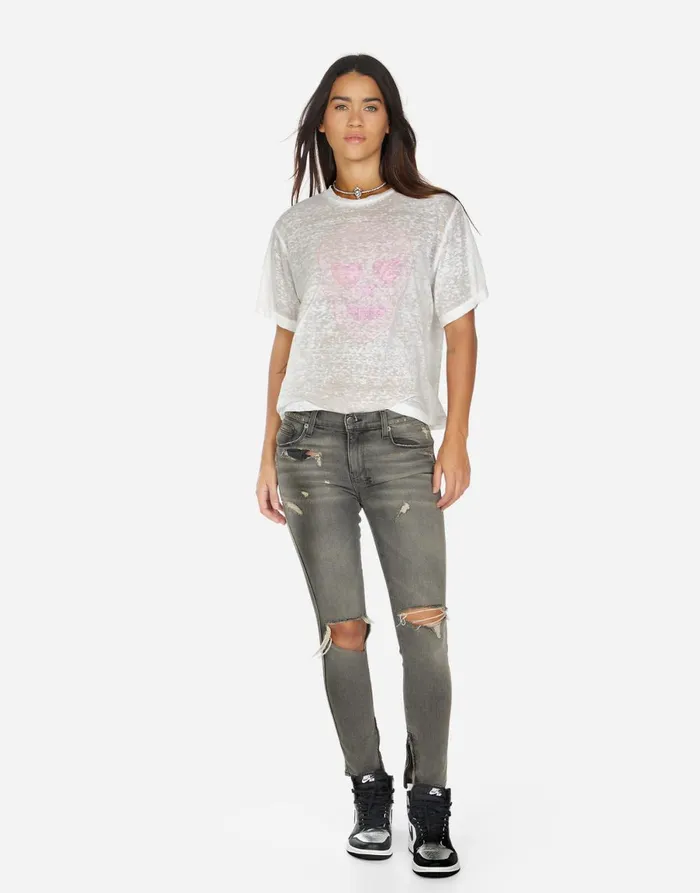 Linnea Pink Peace Love Skull White Burnout Women039s Lauren Moshi Short Sleeve