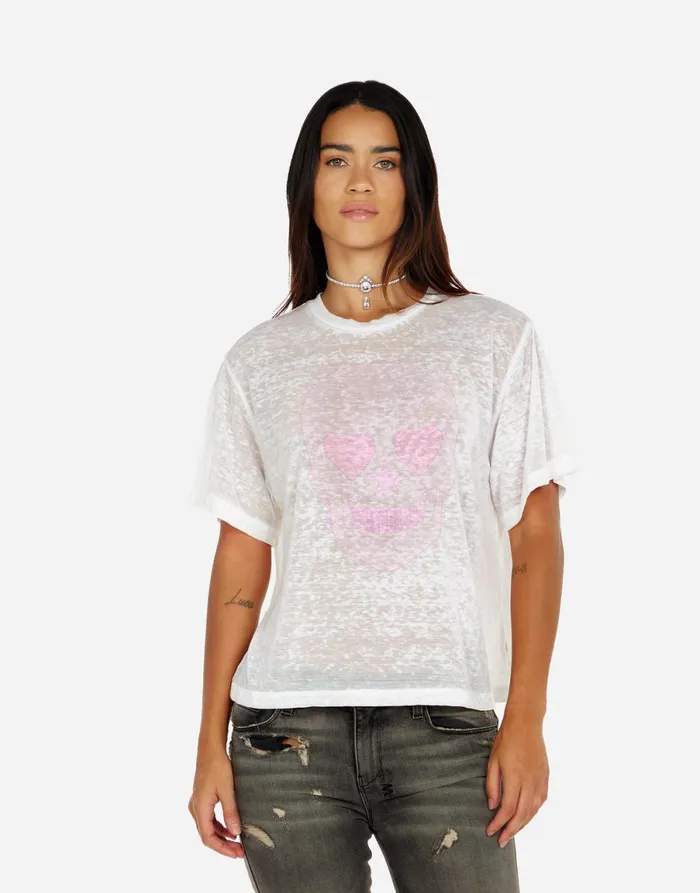 Linnea Pink Peace Love Skull White Burnout Women039s Lauren Moshi Short Sleeve