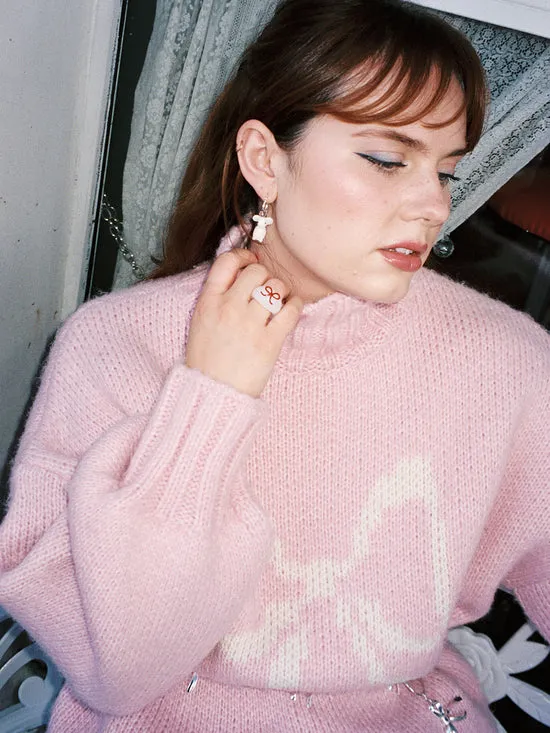 Lisa Says Gah Glass Bow Ring White Red Women Jewelry