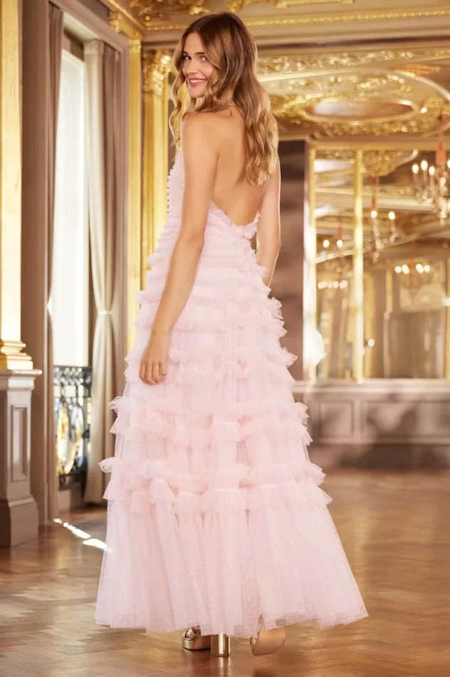 Lisette Ruffle Halter Neck Gown Pink Women Needle and Thread Dresses
