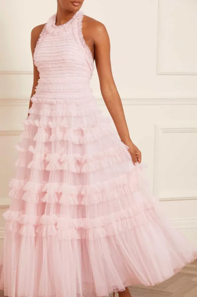 Lisette Ruffle Halter Neck Gown Pink Women Needle and Thread Dresses