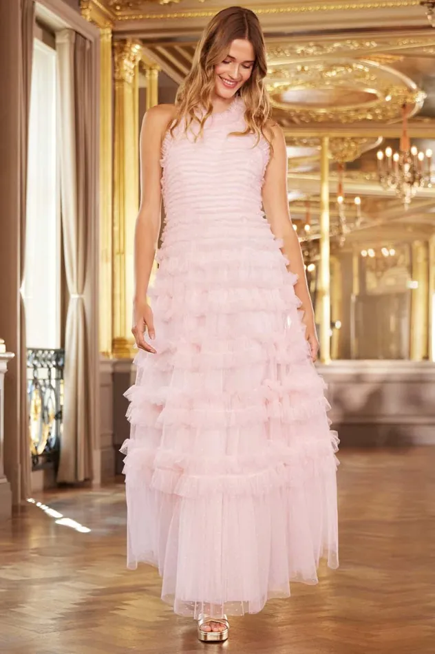 Lisette Ruffle Halter Neck Gown Pink Women Needle and Thread Dresses